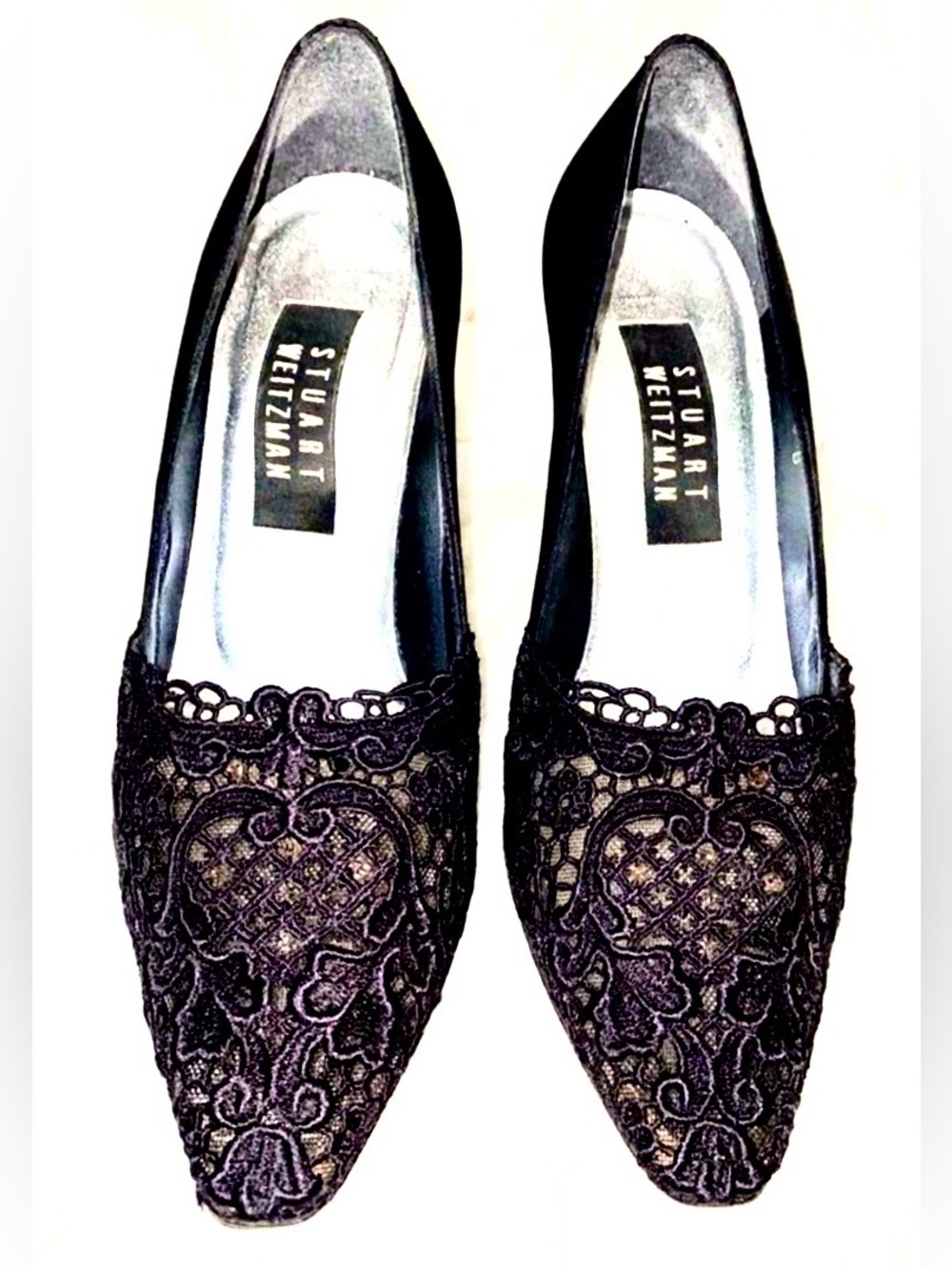 Vintage Size 7 Stuart Weitzman Black Lace Pointed-Toe Heels